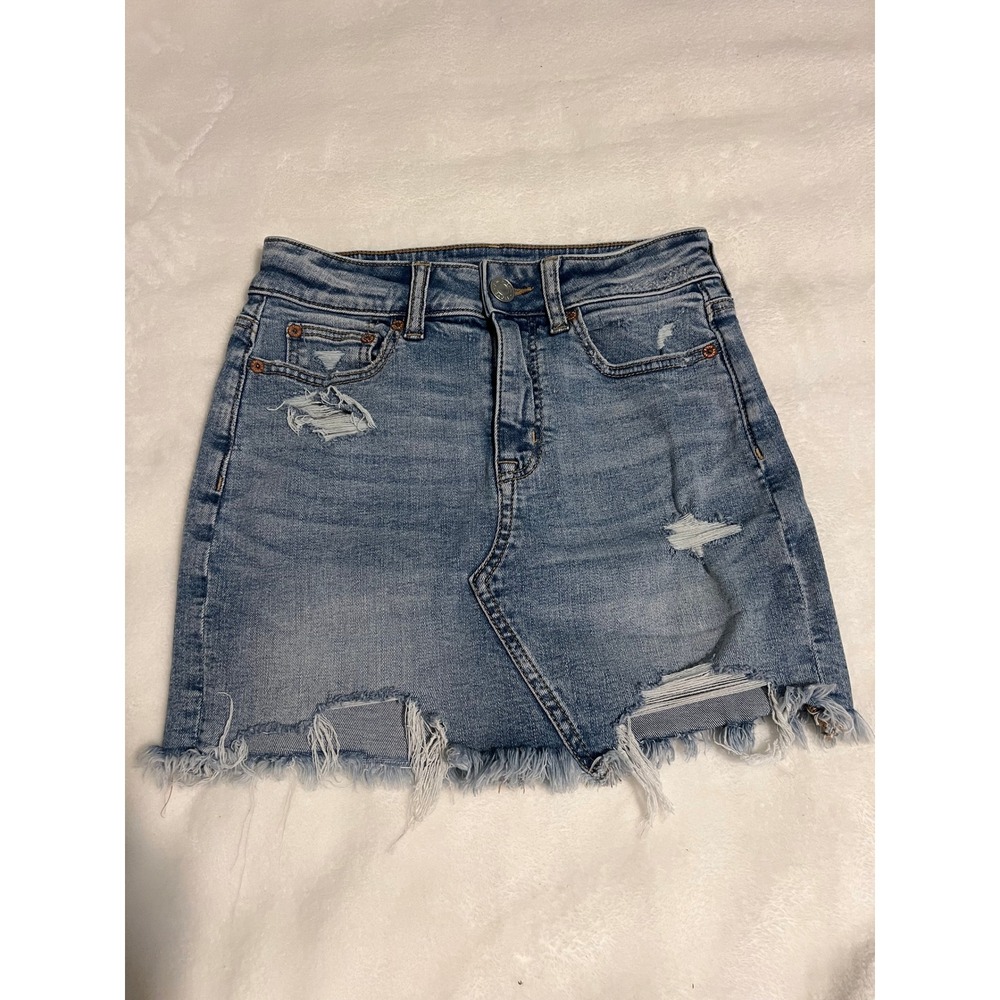 American Eagle Mini Skirt Denim Cotton Distressed Raw Hem Hi-Rise Blue Y2K Boho